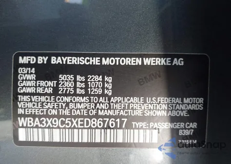 2014 BMW 335I Gran Turismo xDrive из США, поврежденный, VIN WBA3X9C5XED867617